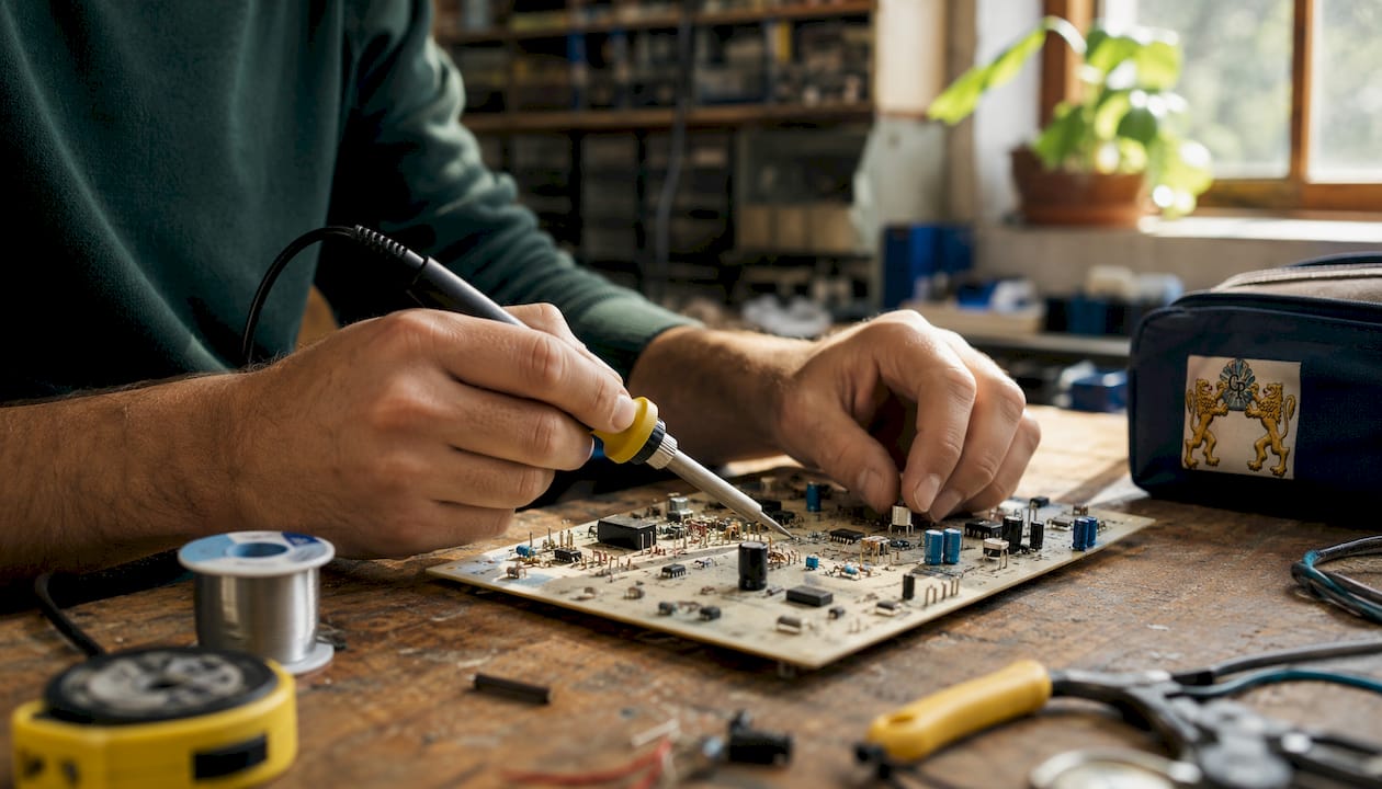 Hands assembling crystal oscillator circuit