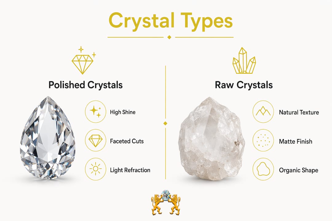 Infographic comparing polished and raw crystals