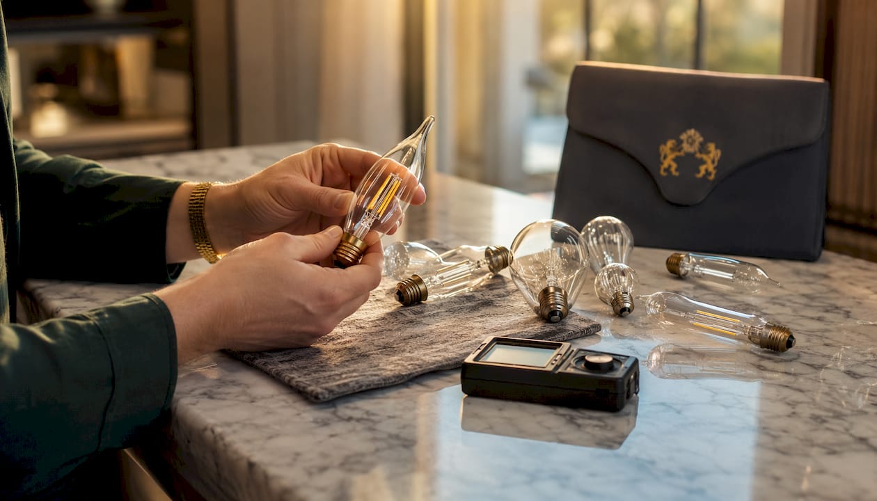 Hands comparing different chandelier bulbs on table