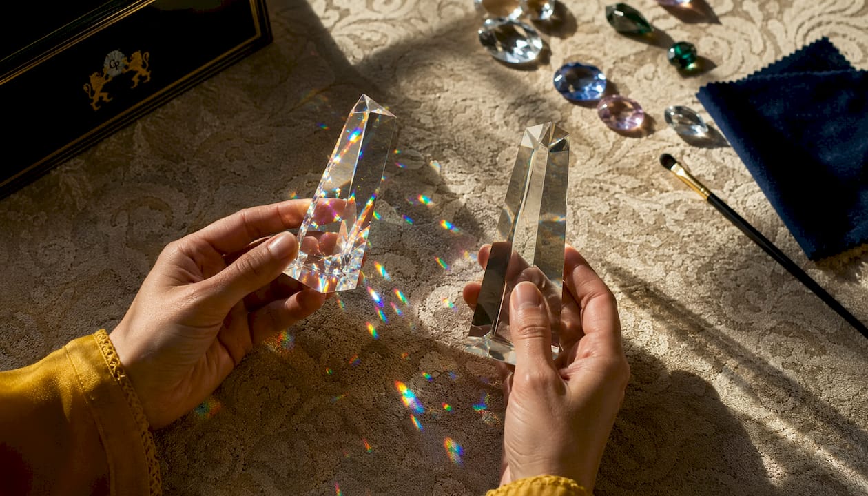 Hands comparing crystal and glass lighting prisms