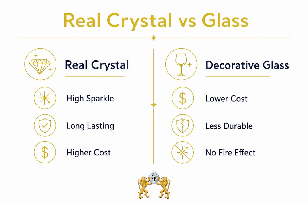 Infographic comparing real crystal and glass lighting advantages