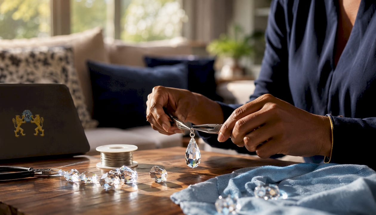 Close-up of hands attaching crystal ornament