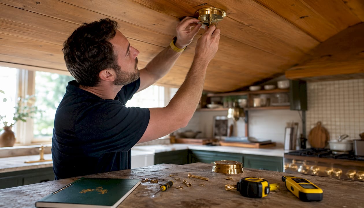 Hands fitting chandelier canopy on sloped ceiling