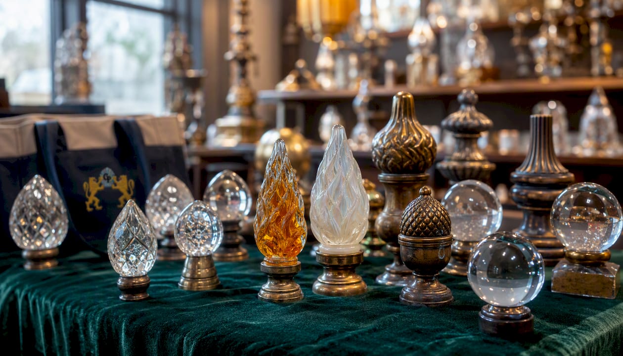Close-up of assorted chandelier finial shapes on neutral background