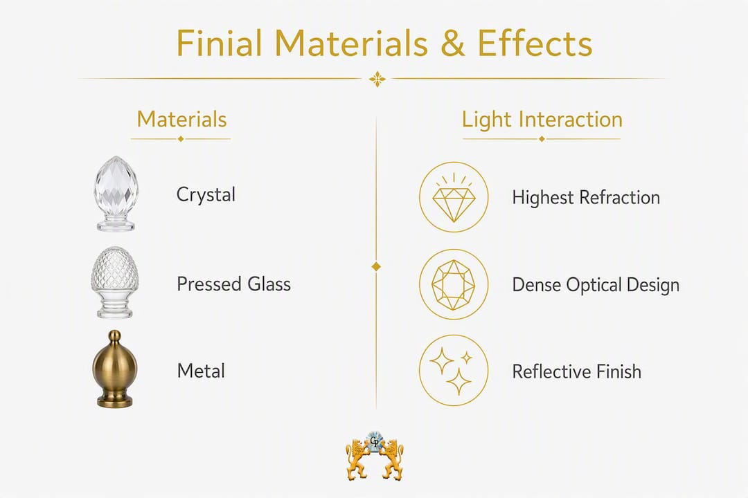 Infographic comparing chandelier finial materials and light effects