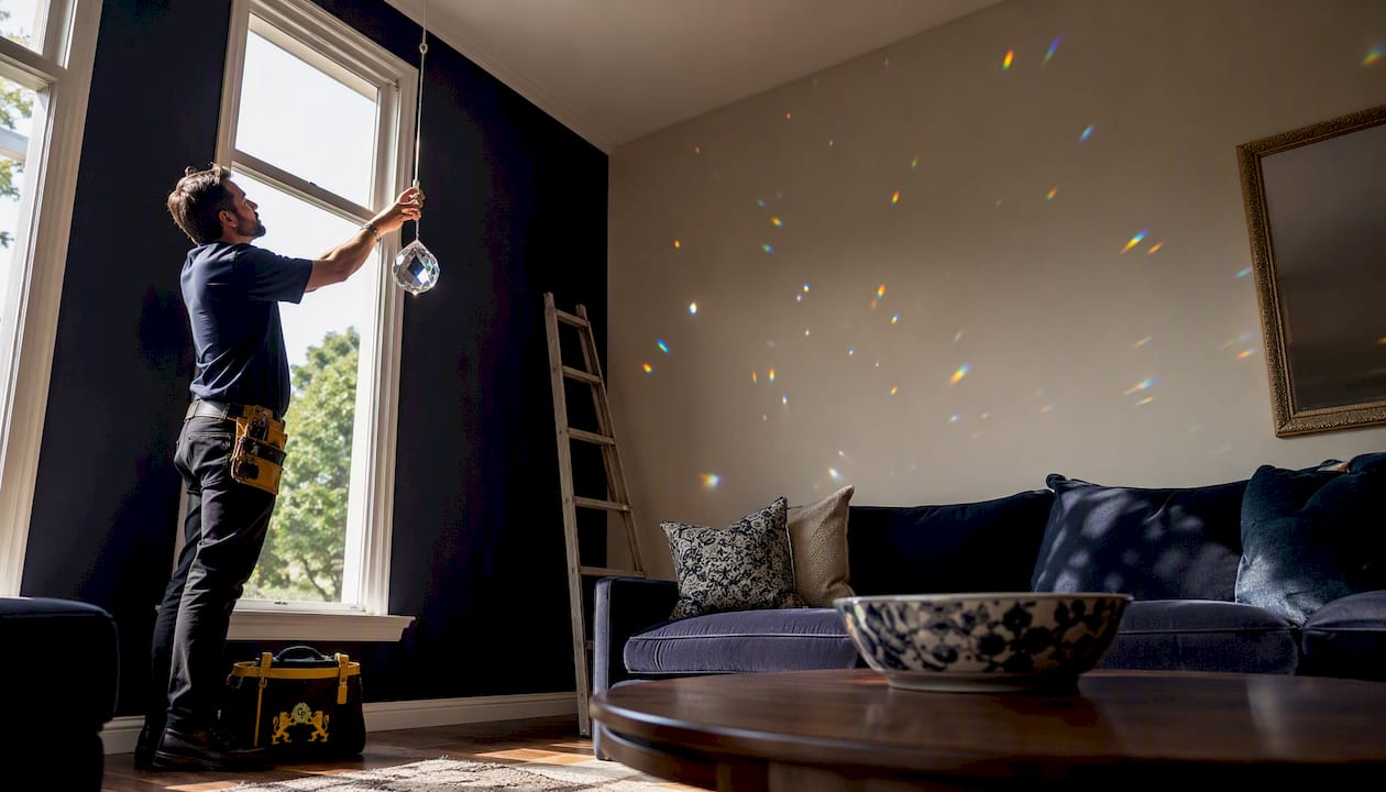 Hands installing crystal suncatcher on window
