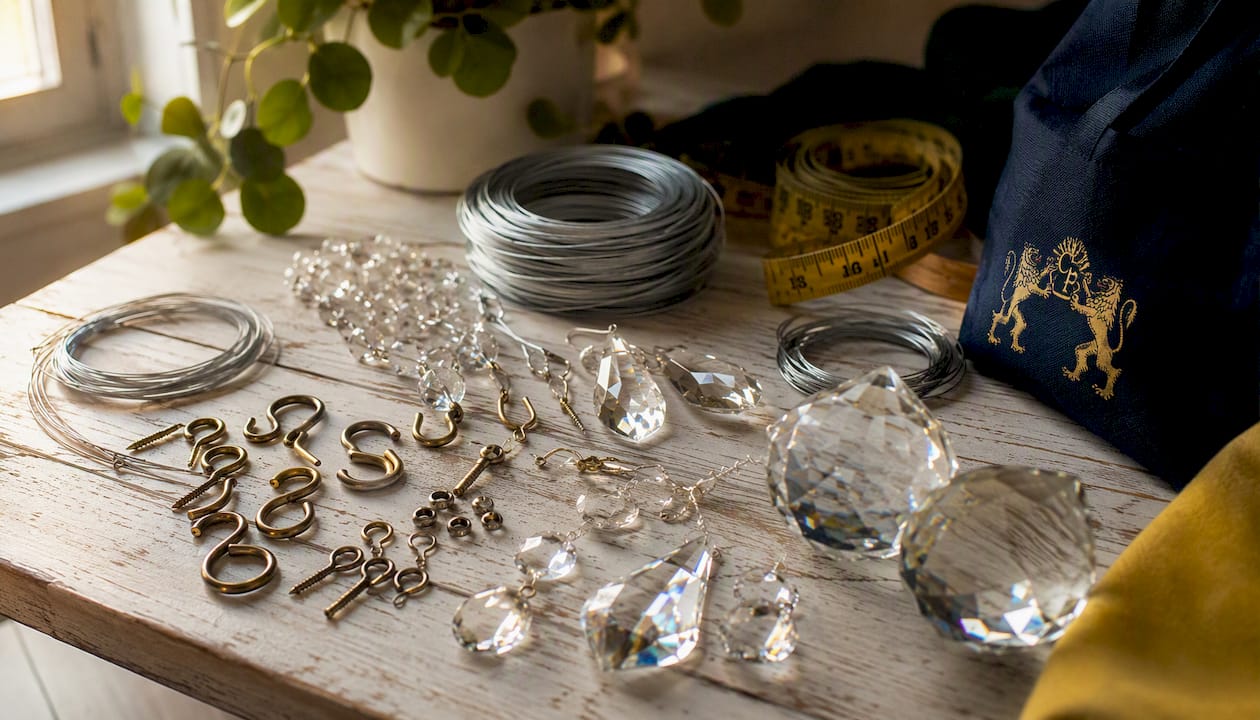 Close-up of suncatcher hardware and crystal prisms
