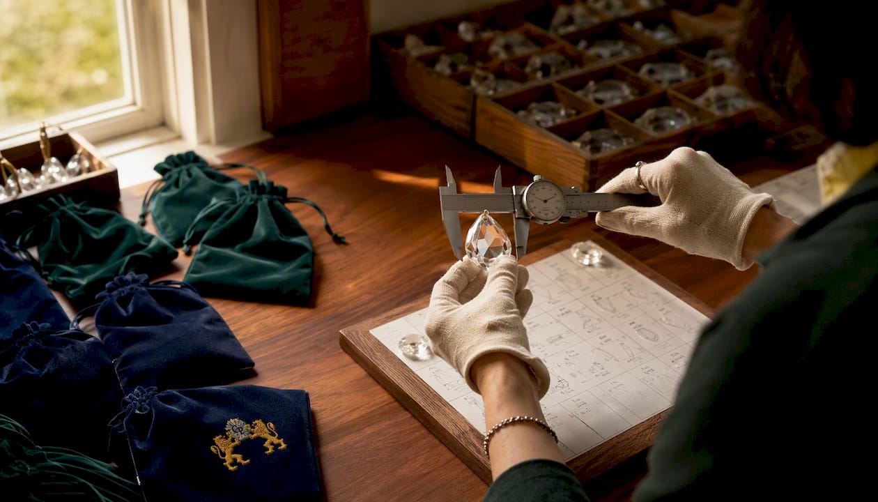 Hands measuring crystal part with calipers overhead