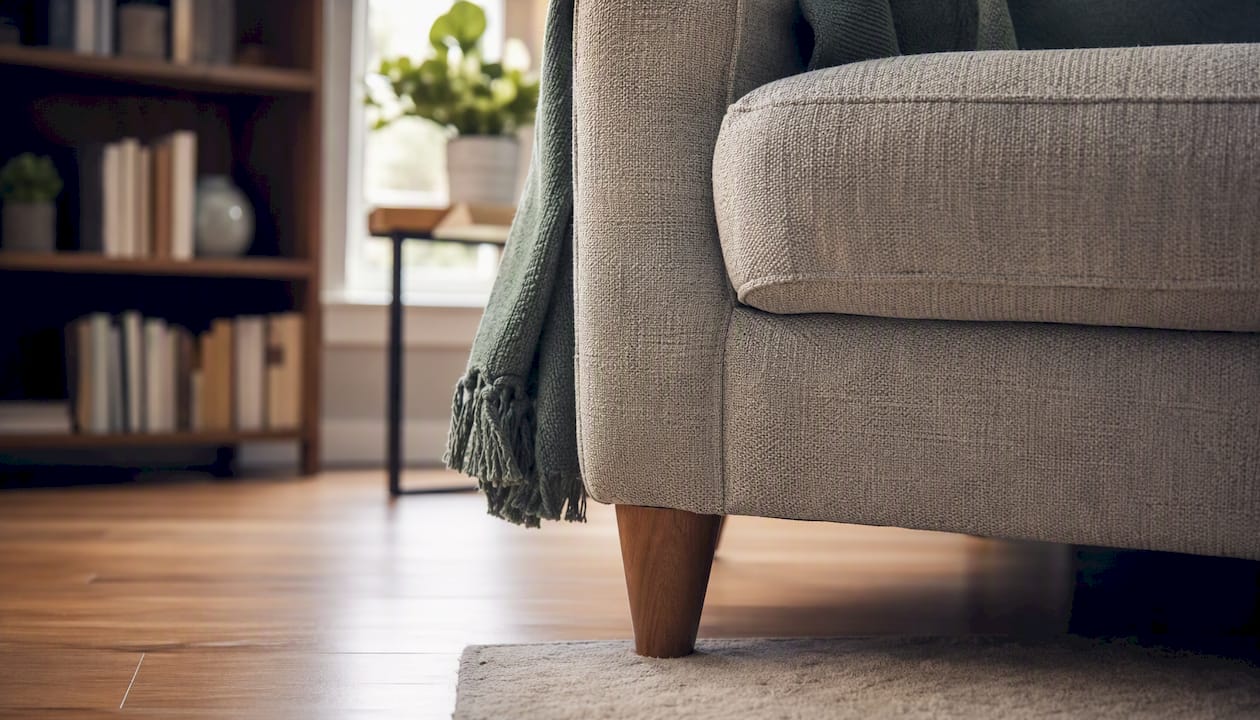 Staged sofa fabric and leg in natural light