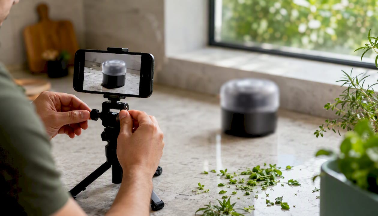 Hands recording item video on smartphone