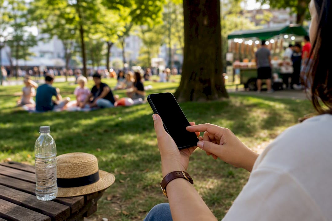 Hands holding smartphone browsing local listings