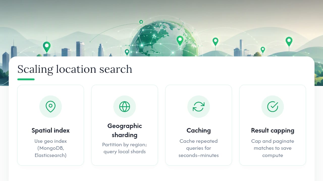 Diagram of scaling location search with indexing, sharding, caching