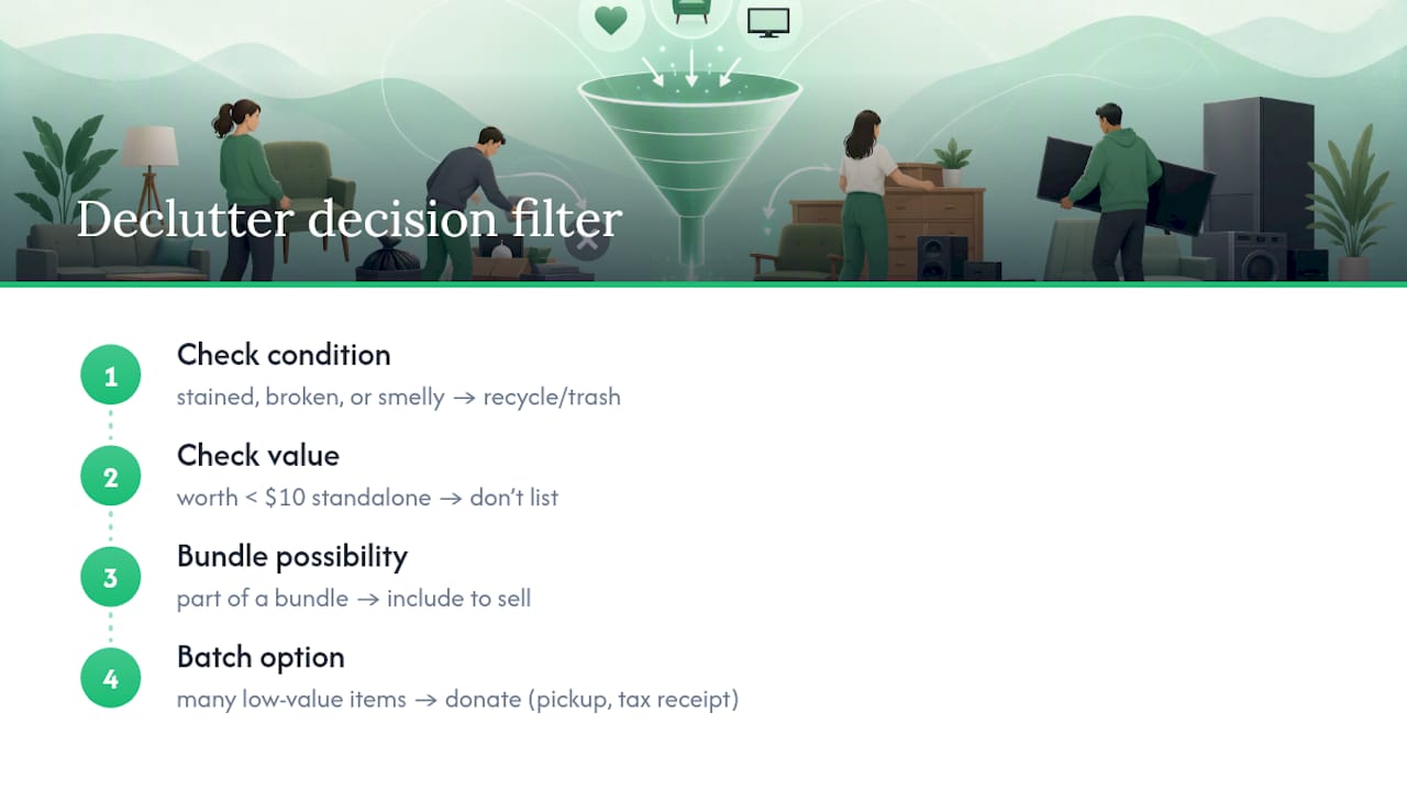 Decluttering filter for selling donating recycling