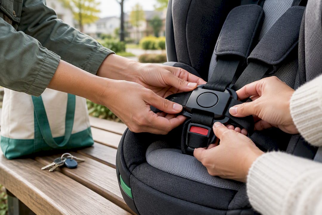 Hands inspecting car seat harness buckle