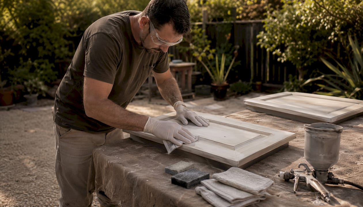 Painter hands sanding cabinet doors in workshop