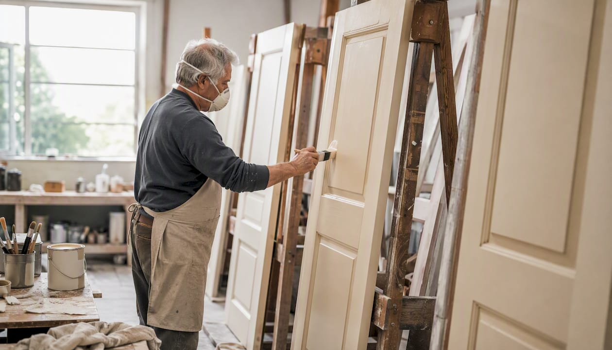 Technician spray-painting doors in woodshop