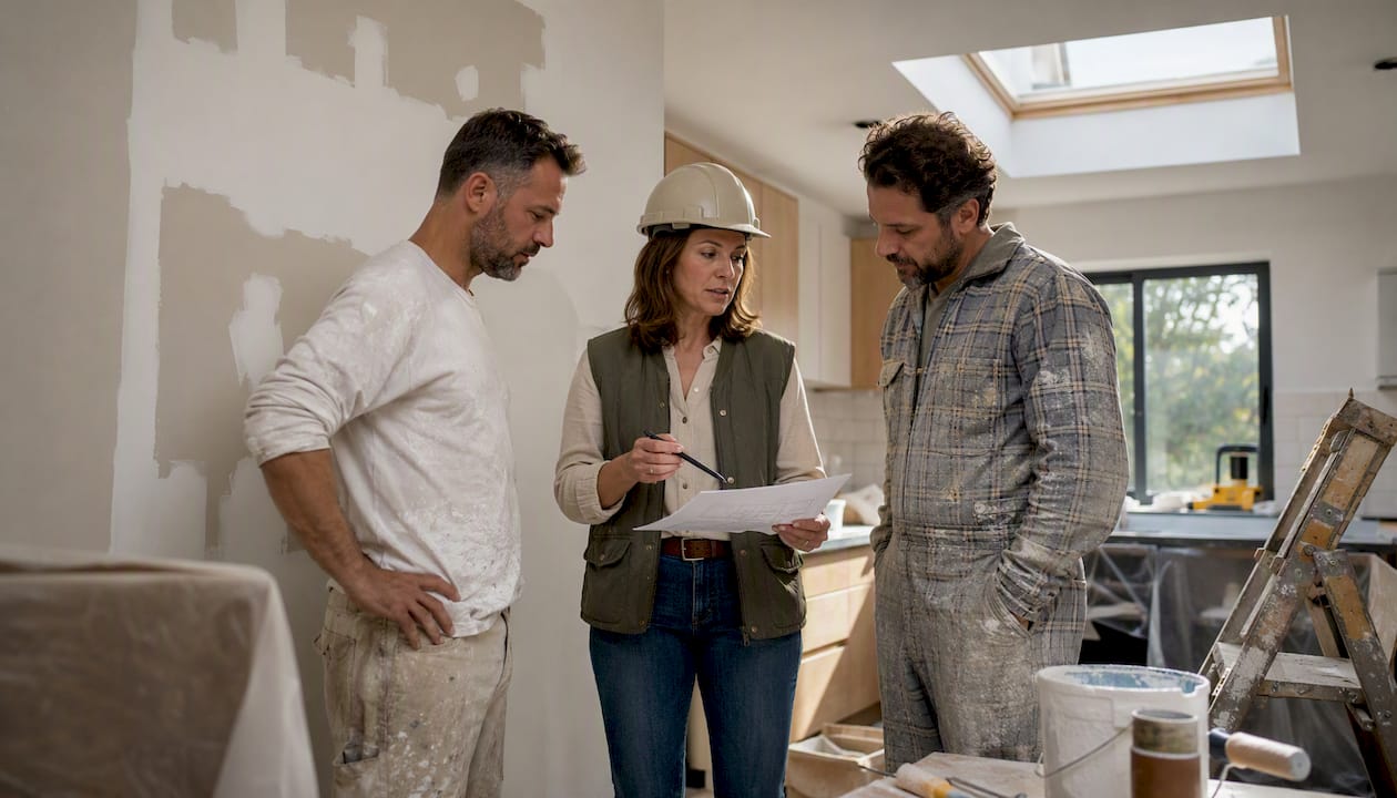 Project manager coordinating painting with workers