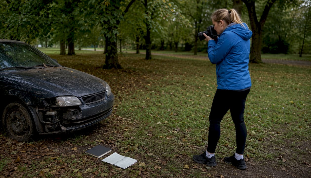 Kvinde tager billeder af skaderne på sin bil ude på vejen