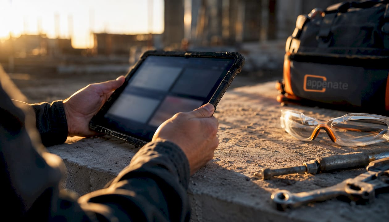 Hands holding tablet at construction site