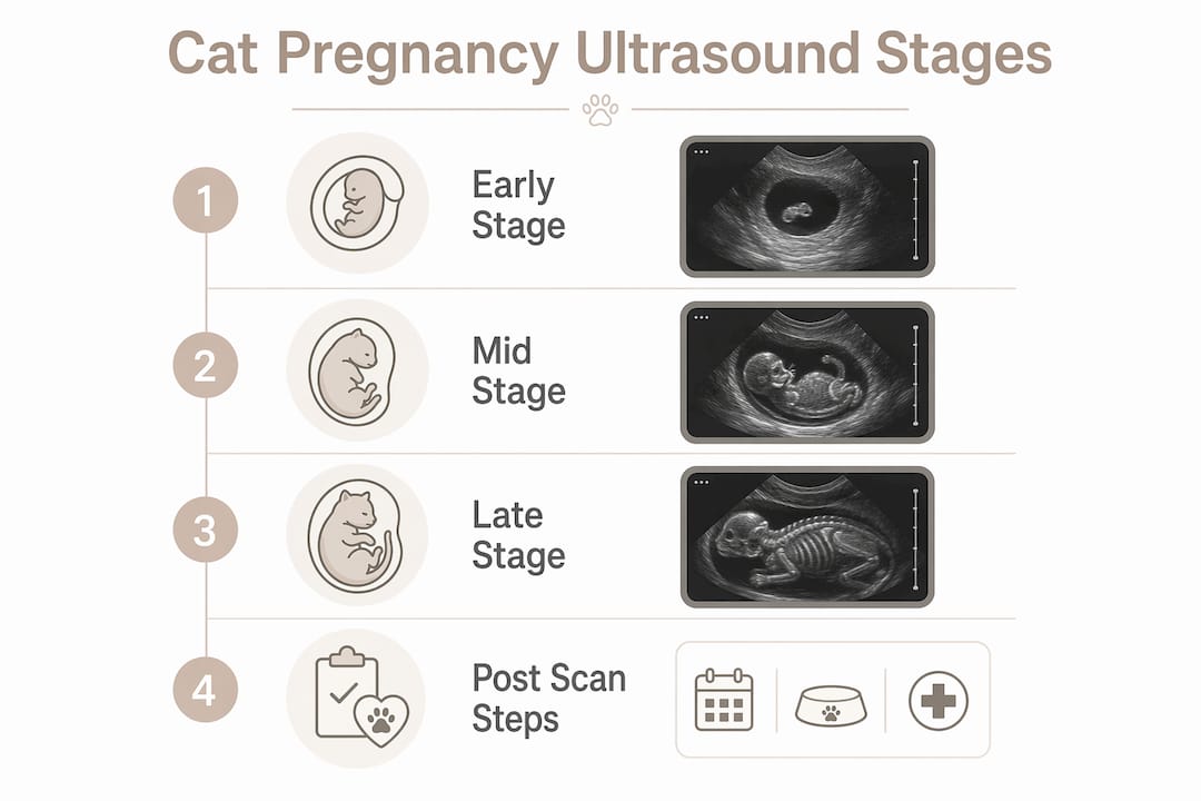 Infographic illustrating cat pregnancy ultrasound stages