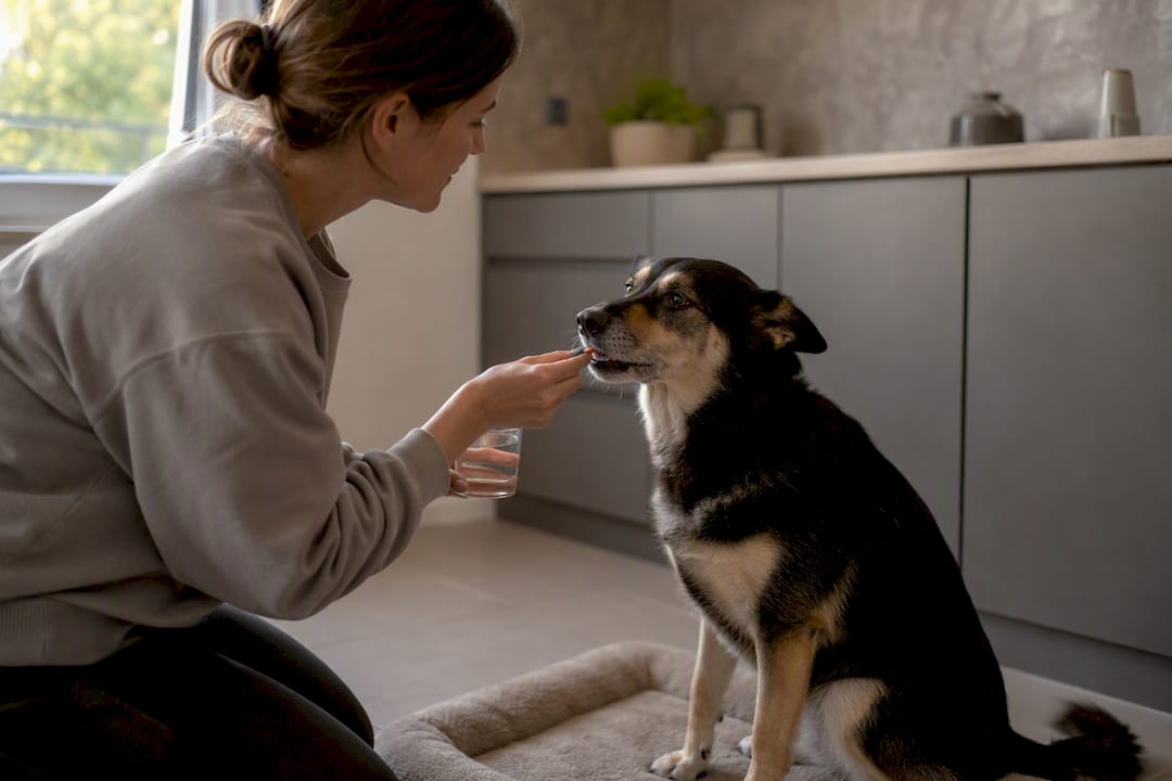 Owner giving dog oral medication at home