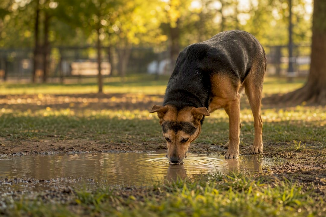 Dog drinking water from outdoor puddle