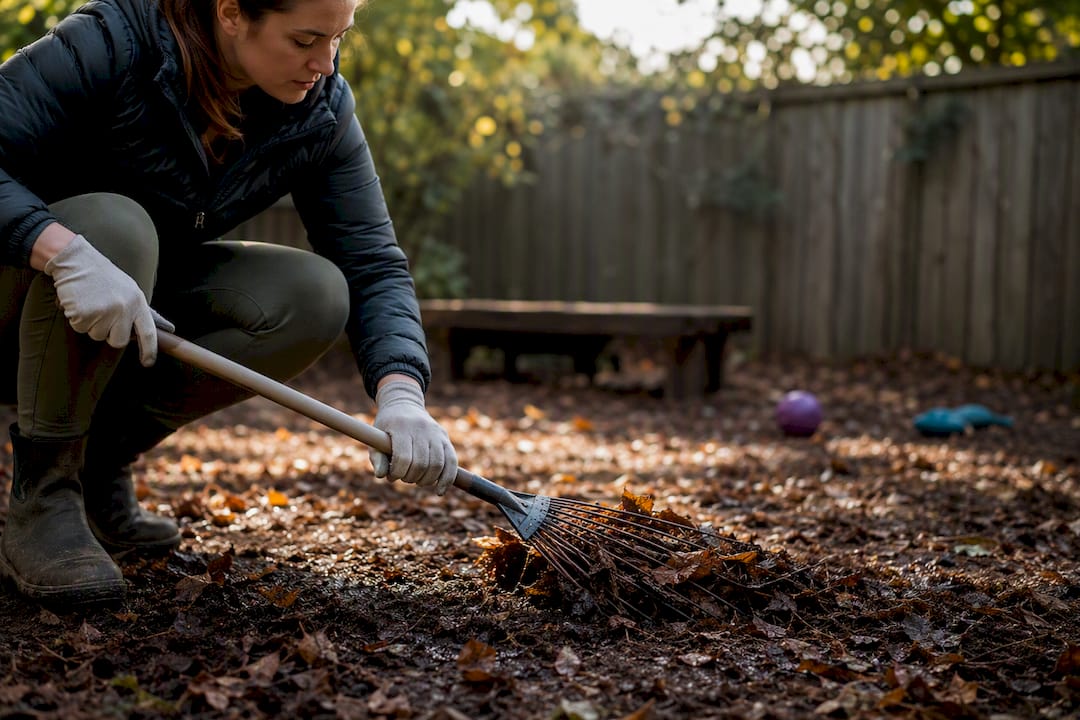 Manual cleaning of dog outdoor area to prevent reinfection