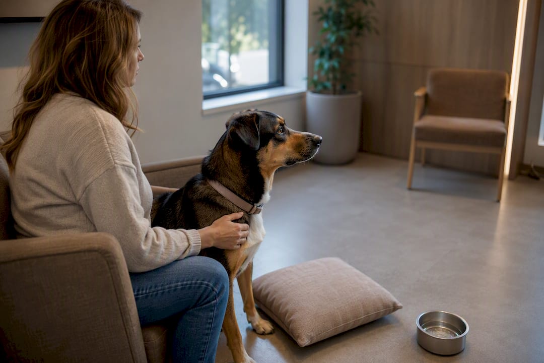 Owner comforting anxious dog at clinic