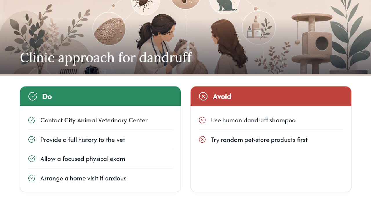 How City Animal Veterinary Center approaches cat dandruff cases — overview diagram
