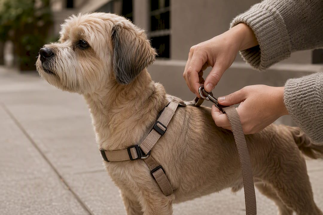 Small dog wearing a chest harness outdoors