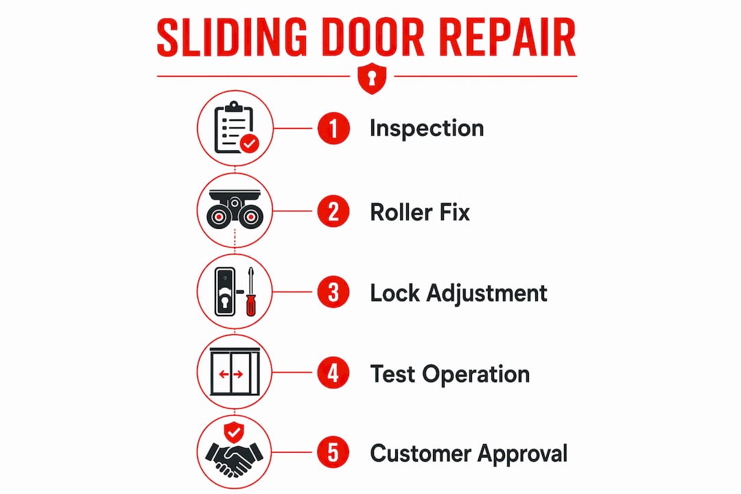 Infographic showing sliding door lock repair steps