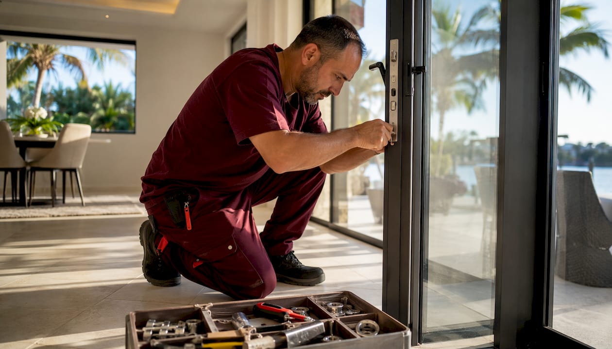 Locksmith repairing sliding door lock