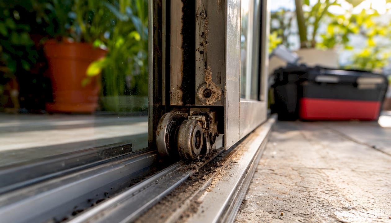 Close-up of worn sliding door rollers