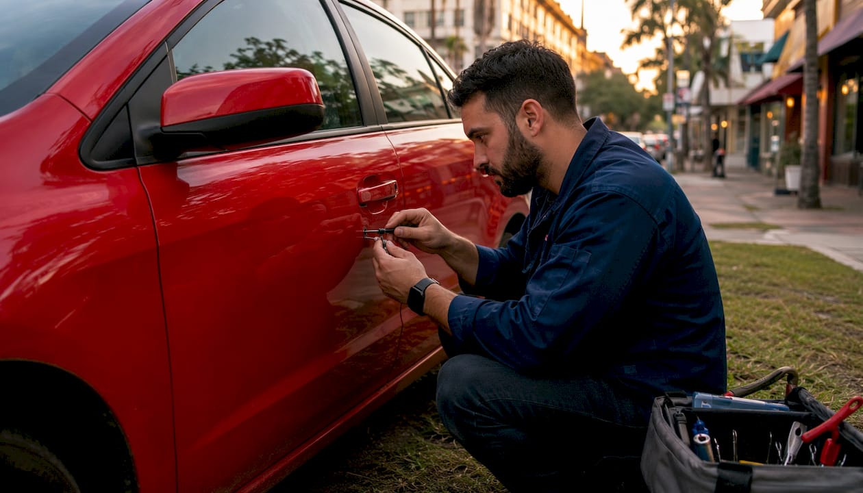 Locksmith using tools to unlock car door