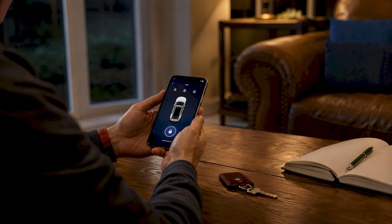 Hands holding smartphone for car app unlock