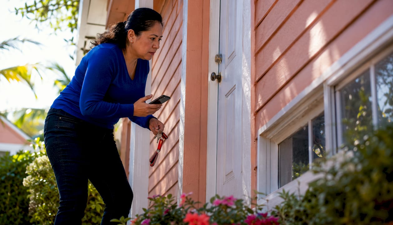 Woman checking house doors after lockout