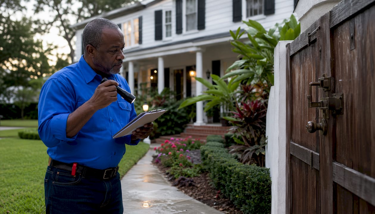 Elderly man checking house perimeter doors