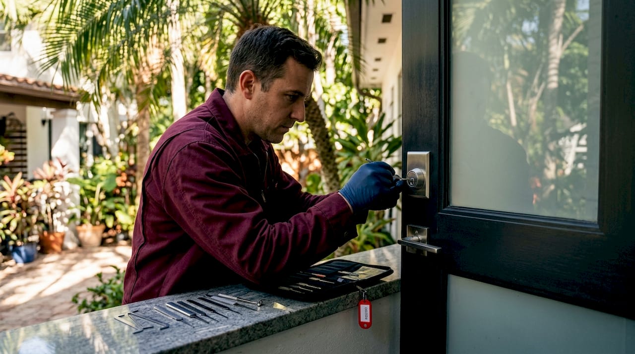 Locksmith using tools to open deadbolt lock