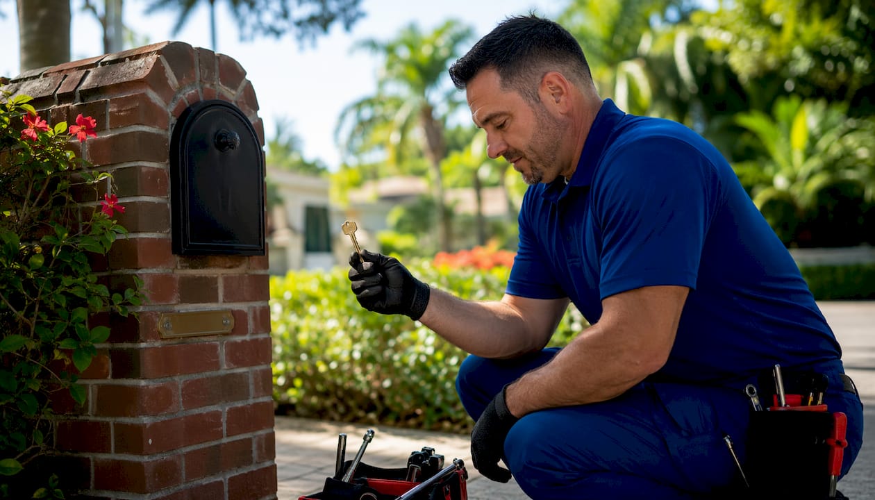 Locksmith replacing mailbox key outdoors