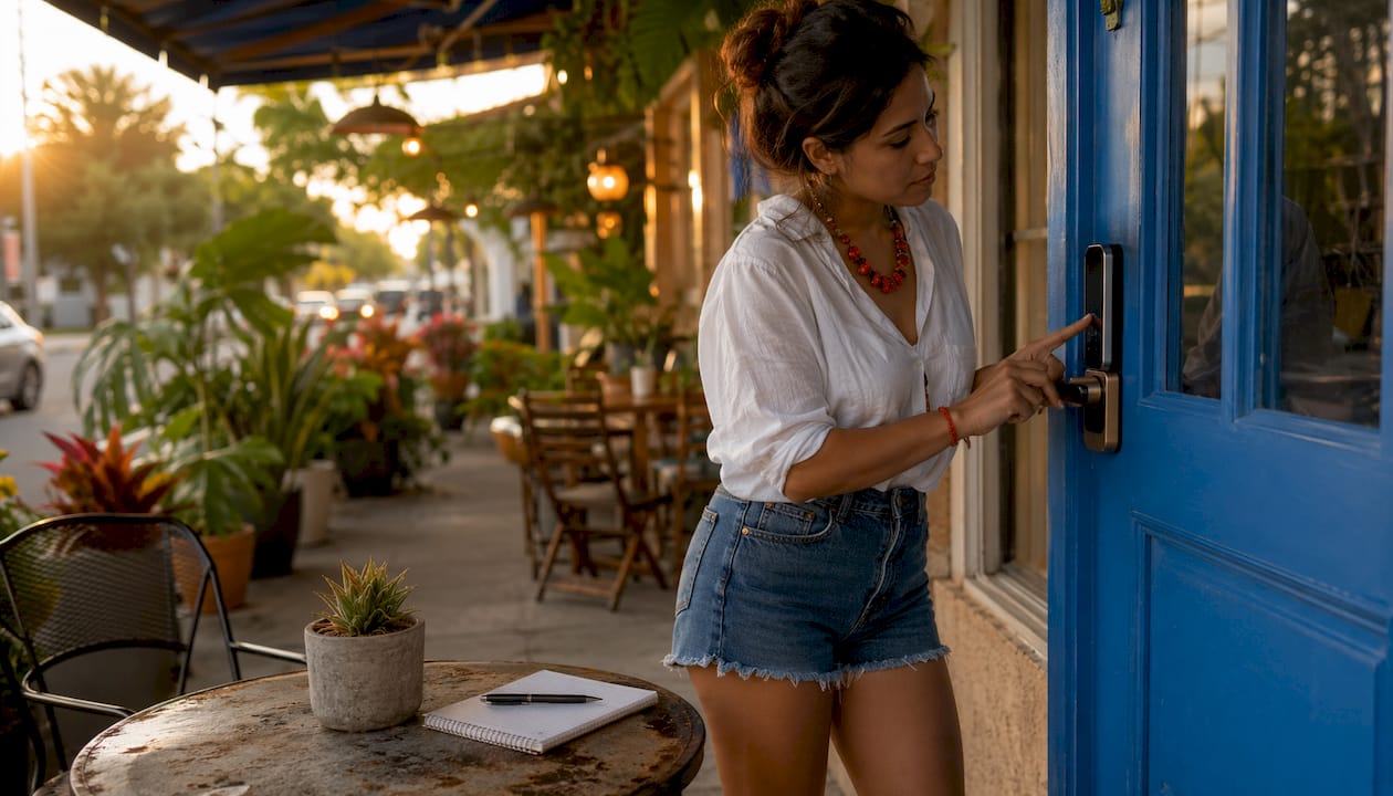 Woman adjusting electronic door lock at small Miami business