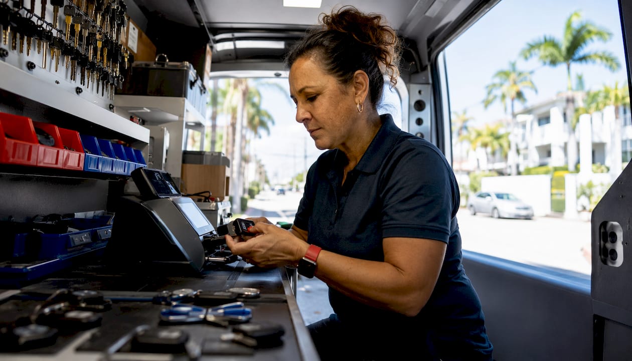 Mobile locksmith preparing car key replacement