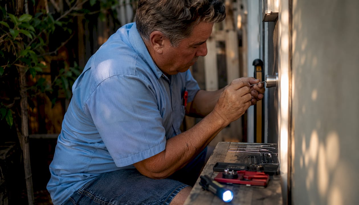 Handyman extracting broken key from door lock