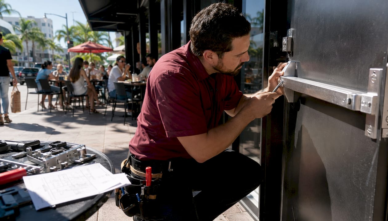 Locksmith installing panic bar on metal door