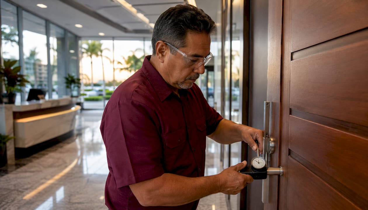 Locksmith measuring door opening force for ADA compliance