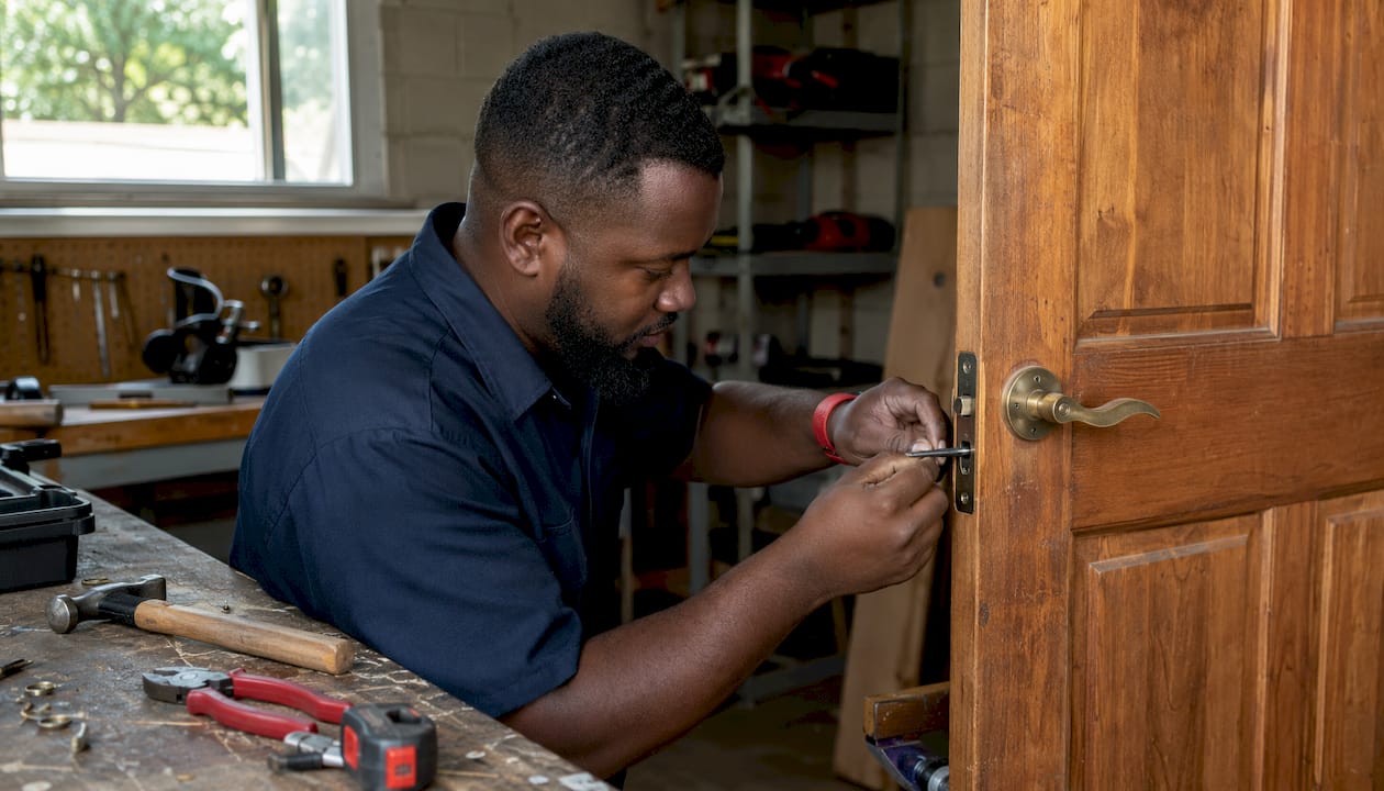Hands installing ADA-compliant door lever hardware