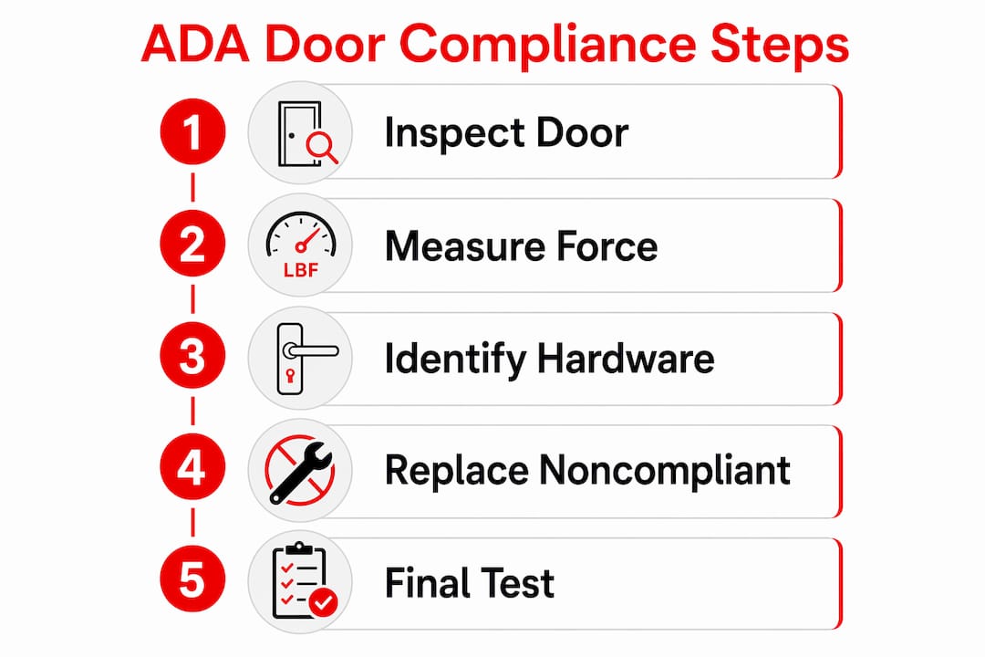 Infographic illustrating steps for ADA door hardware compliance