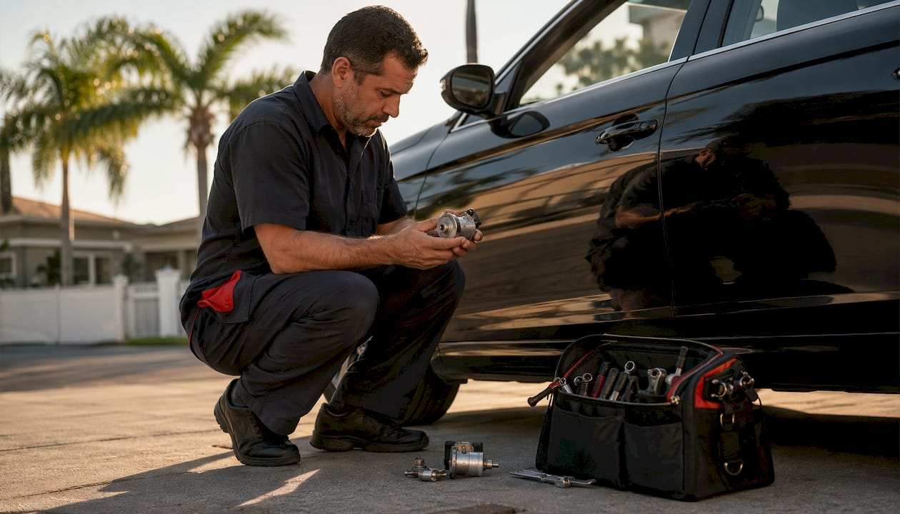 Mechanic inspecting ignition cylinder module
