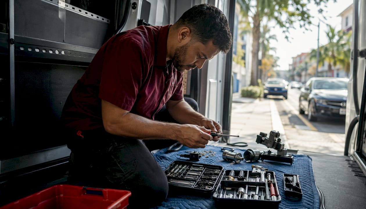 Automotive locksmith performing ignition repair onsite