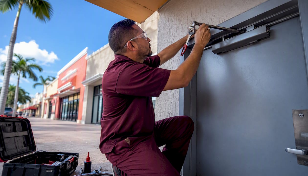 Technician adjusting door closer inside building