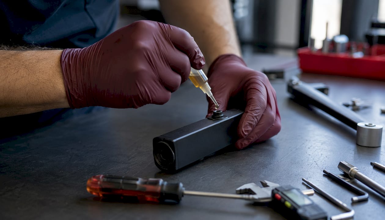 Hands applying hydraulic oil to door closer valve
